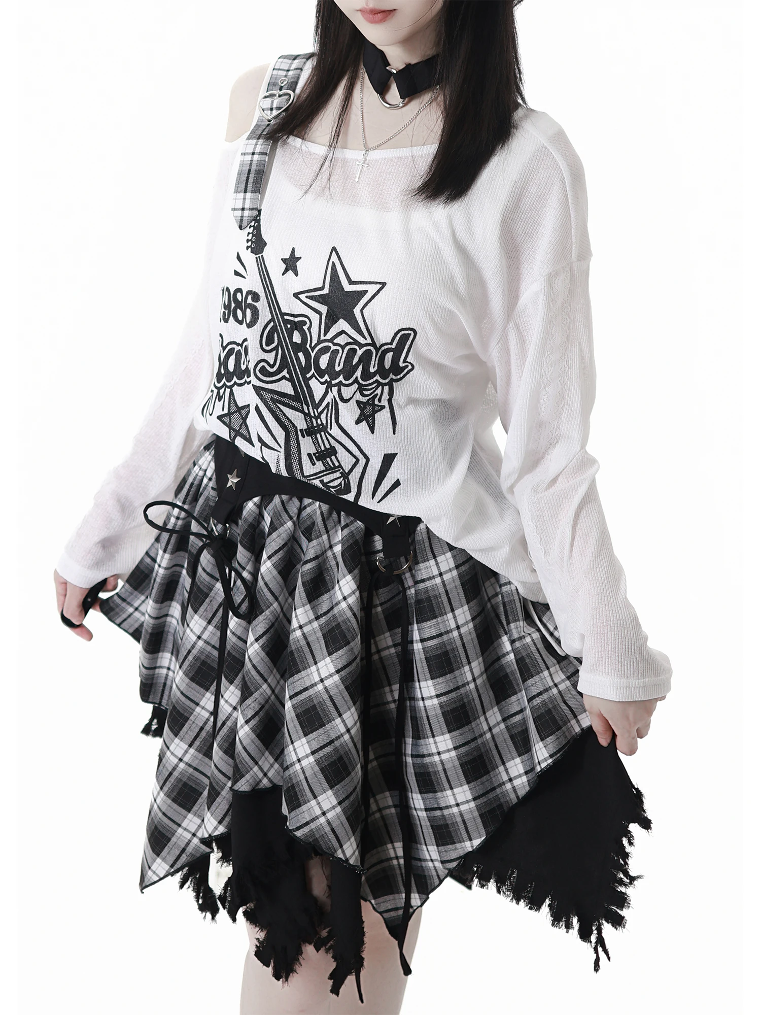 Japanese Girl's Sweet Cool Kawaii Plaid Skirt Set Summer New Student Y2k Printed Long-sleeved Top T-shirt Irregular Skirt Set