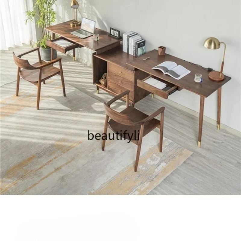 

ls 27Nordic black walnut solid wood double against the wall computer bookcase integrated retractable writing desk