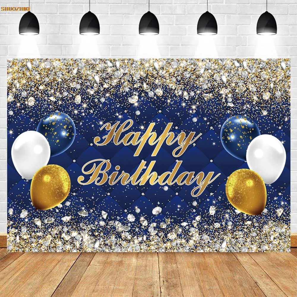 Fondo azul de feliz cumpleaños, globos con manchas brillantes, niños, mujer, hombre, fiesta de cumpleaños, fotografía personalizada, decoración de fondo, pancarta