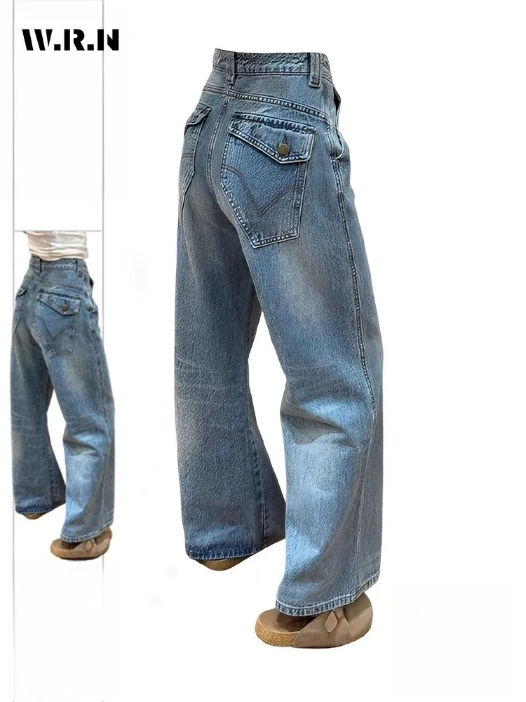 

Y2K Harajuku Street Washed Pockets Denim Trouser For Women Grunge Casual 2000s Pants American Vintage Eclectic Waif Blue Jeans