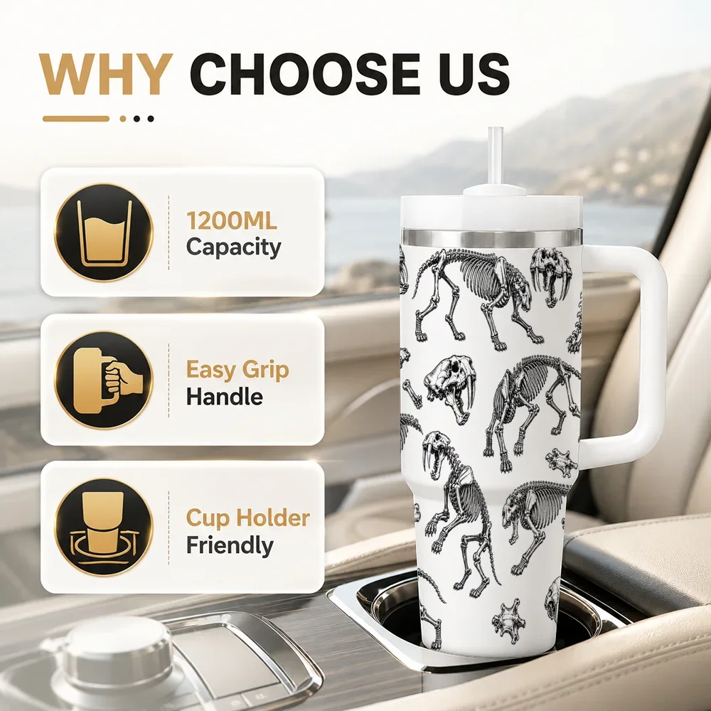 Animal Lovers Vacuum Flasks 40oz Insulated Tumbler with Handle, Straw and Lid, Stainless Steel Travel Cuporders for other colors will be shipped randomly in black or white