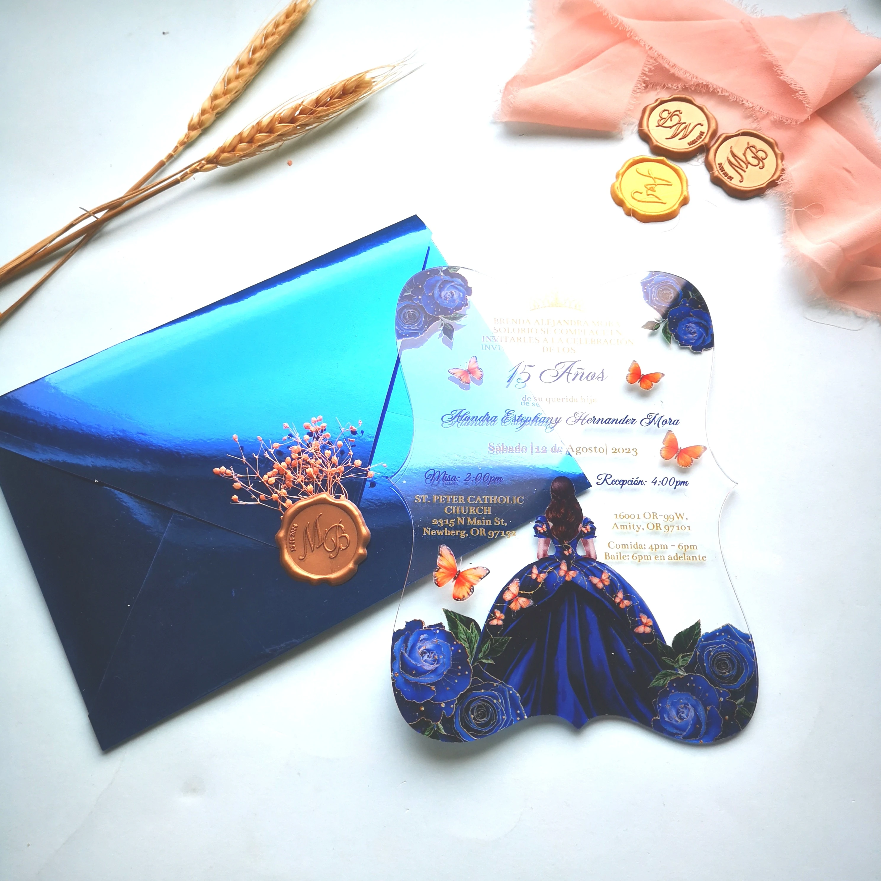 

Acrylic Flower Invitation Envelope with Violet Blue Envelope, Curved Quinceañera, Fifteen Years Prined, Wedding, 10Pcs