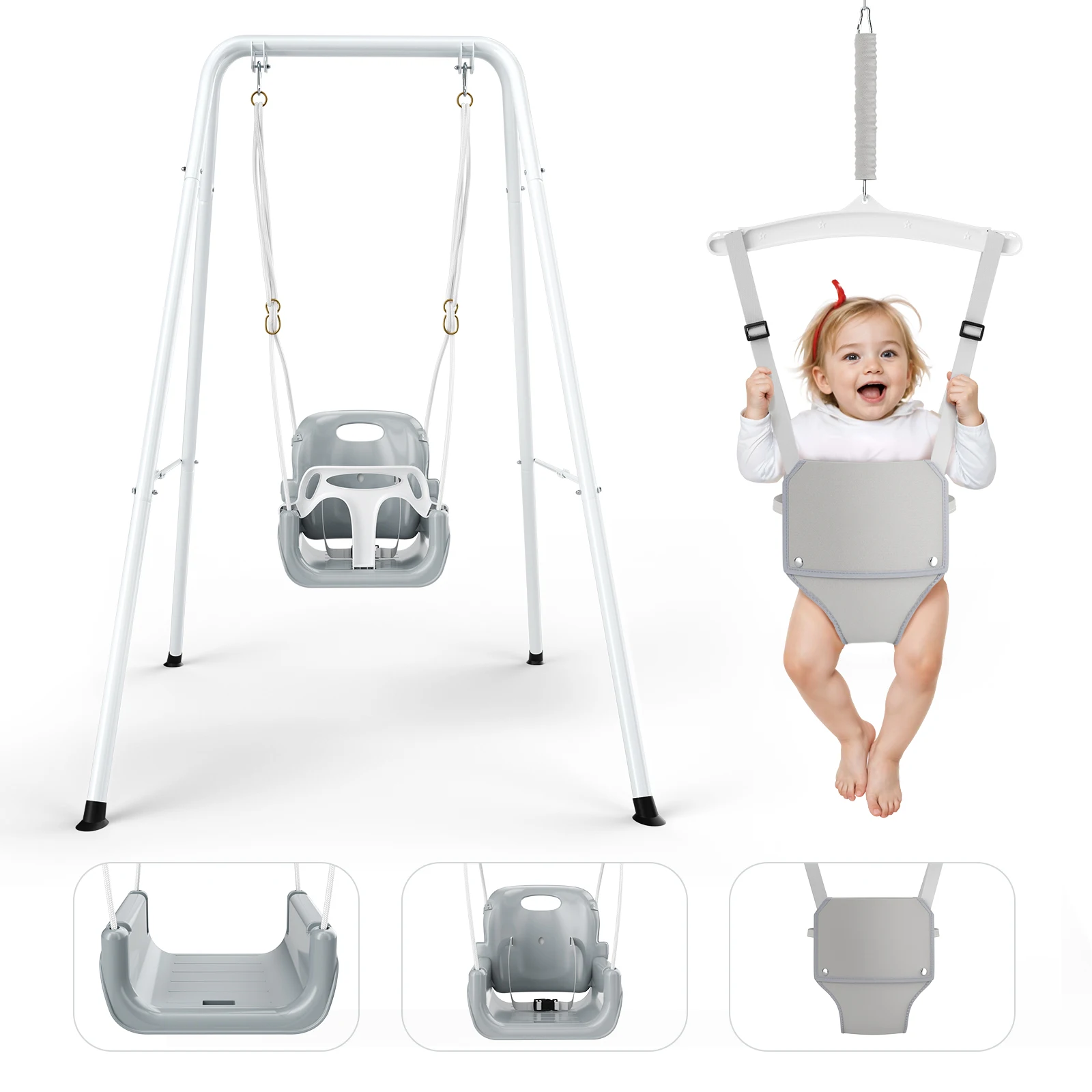 2-in-1-Babyschaukel mit hängenden Sprungsitzen für Kinder, faltbare Innen-/Außen-Terrassenschaukel mit Metallgestell für die Tür, einfach zu montieren.