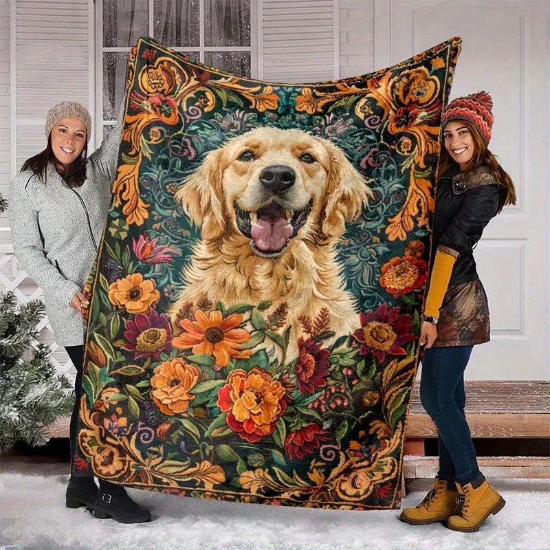 Golden Retriever with Floral Border Blanket  Dog Art Print Soft Flannel Fleece Throw Quilt for Bed Sofa Home Decor Gift