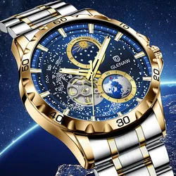 Gleaw-relojes automáticos para hombre, reloj mecánico de acero inoxidable, luminoso, resistente al agua, Esqueleto, cielo estrellado, fase lunar, nuevo