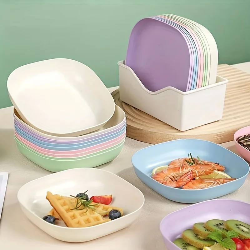 A set of 10 square plates with 1 stand – portable food plate set