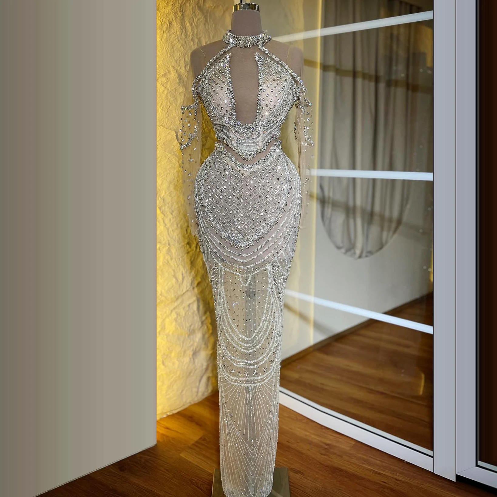 

Newest Luxury Shiny Crystal Beaded Mermaid Evening Dresses High Neck Celebrity Dresses Long sleeves Prom Dresses Customized