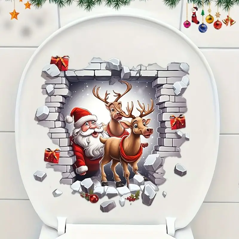 Breaking Brick Wall Santa Claus Toilet Sticker Fun Self-Adhesive Waterproof Toilet Cover Sticker Holiday Decor Wall Sticker