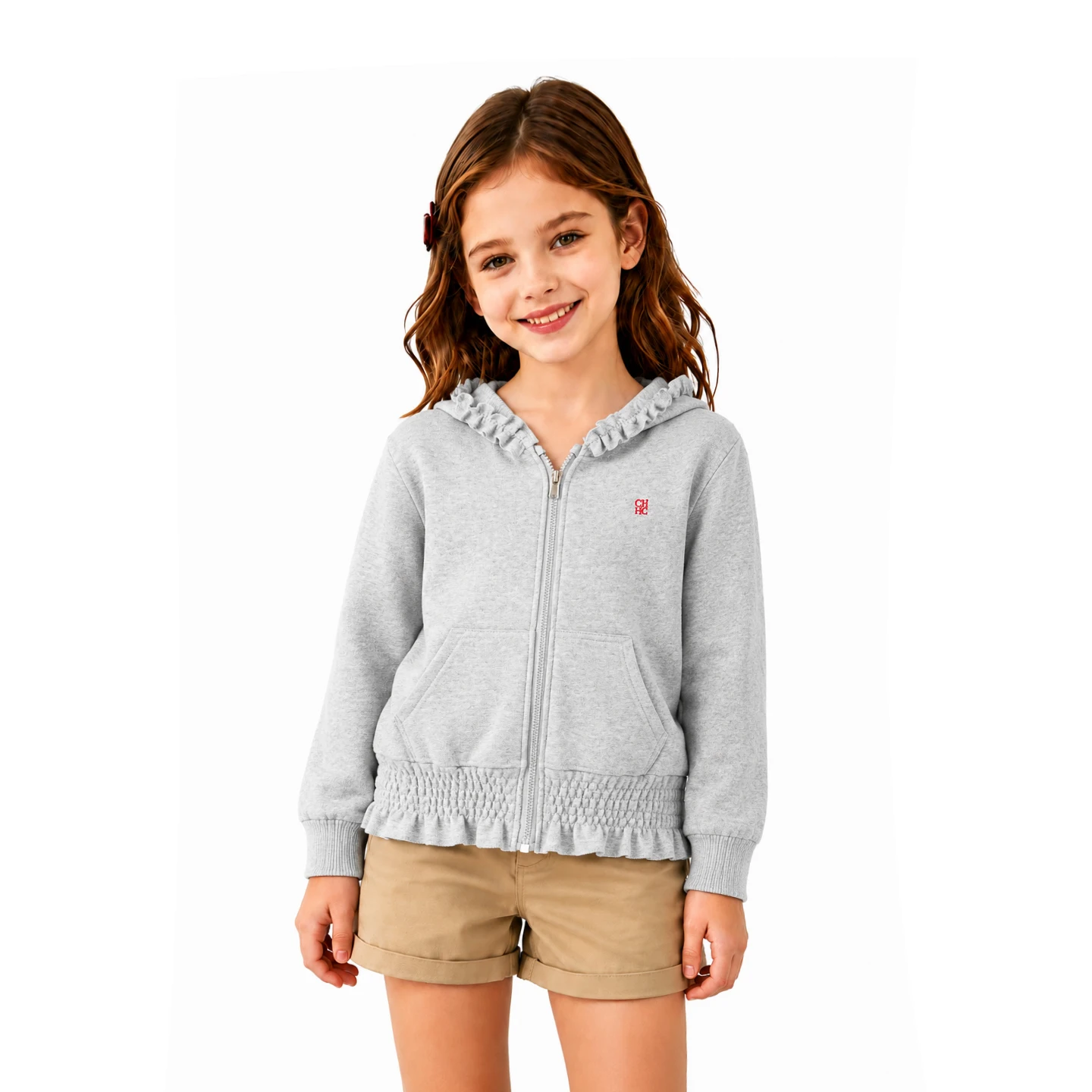 CH Mädchen-Kapuzenjacke mit Reißverschluss, Rüschenbesatz, langen Ärmeln, lässige Sweatshirt-Jacke mit Taschen für Kinder, Frühling und Herbst – Detail 5