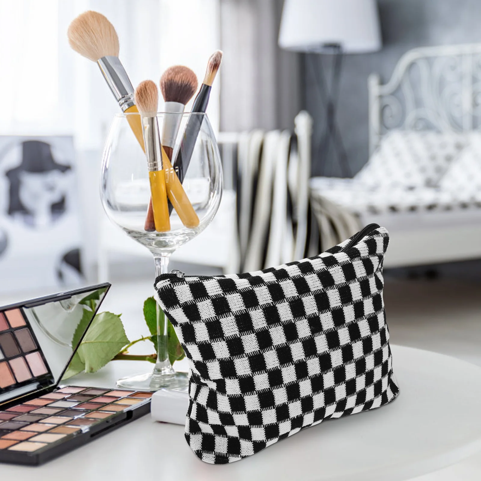 

2Pcs Checkered Makeup Storage Bag Knitted Large Travel Toiletry Organizer Case for Women Girls Make Up Bag Checkered