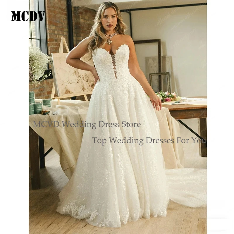 

MCDV Plus Size Sweetheart Wedding Dress Tulle Aline Sleeveless Lace Appliques with Zipper Button Customized Bridal Gown