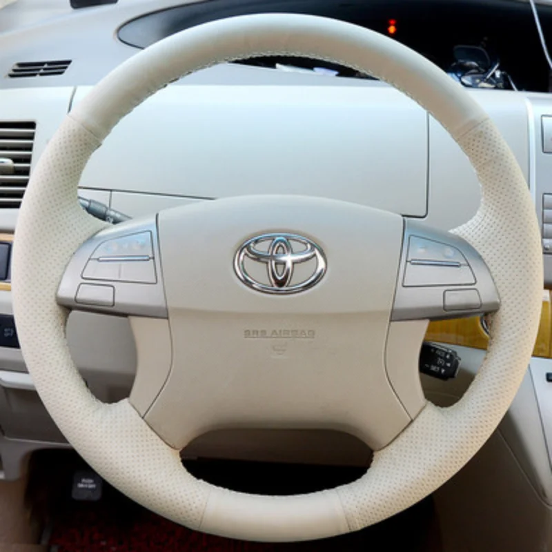 DIY Hand Sewn Leather Peach Grain Car Steering Wheel Cover Interior Handle Cover for Toyota Previa