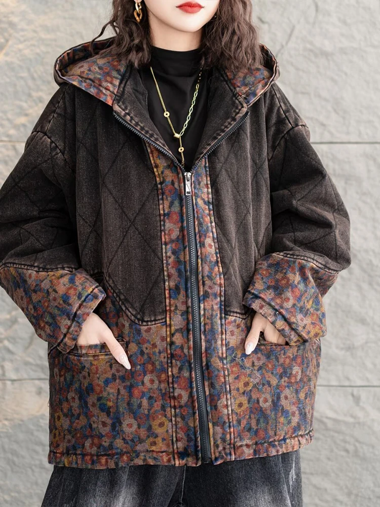 Max LuLu Caldo Stampato Delle Donne di Inverno Trapuntato Con Cappuccio Denim Parka Addensare Vintage Jeackets Casual Cotone Allentato di Grandi Dimensioni Tuta Sportiva