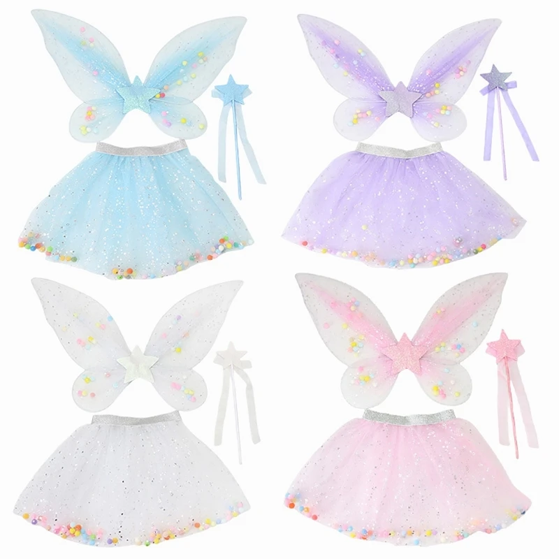 Glitter Butterfly Wing for Kid, Fairies Wing Costume with Skirt, Wand for Girls