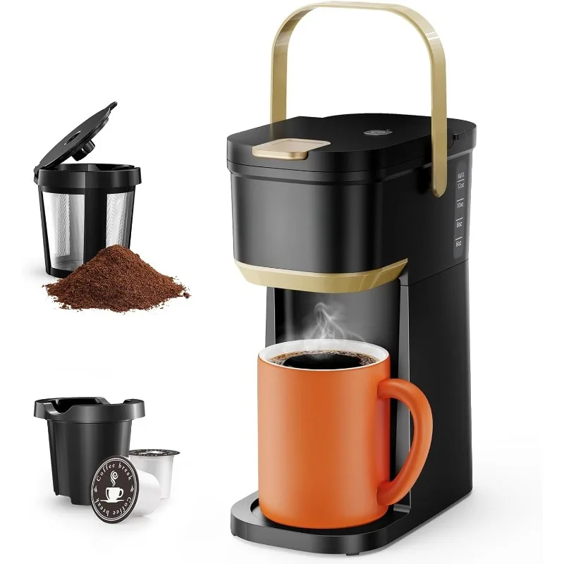 

Single Serve One Cup Coffee Maker, for K Cups and Grounds, Mini Coffee Maker with Portable Handle, 6 to 12 Oz Brew Size, for Tra