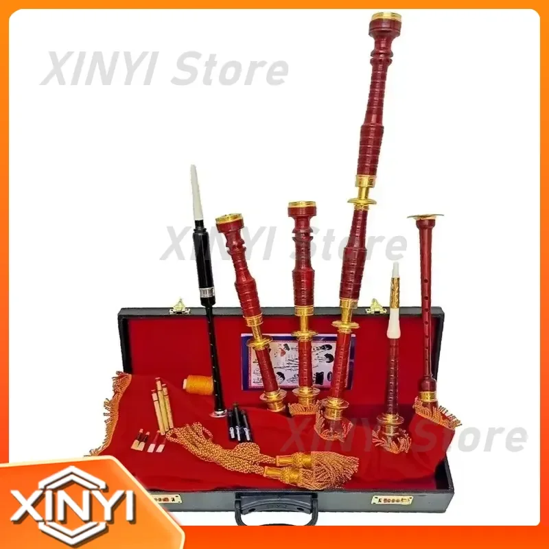 Handcrafted Highland Mahogany All Gold Bagpipes with Hard Case and Instructor Book for High Quality Scottish Instruments