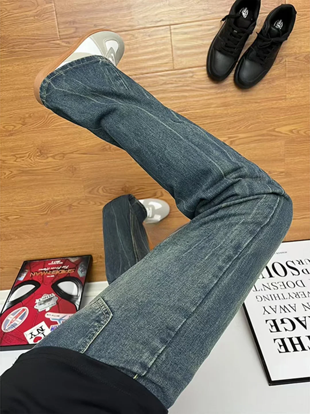 

American Retro Straight Leg Men's Jeans Cleanfit Slimming Flared Pants High Street Vibe Straight Cut Trousers for Autumn