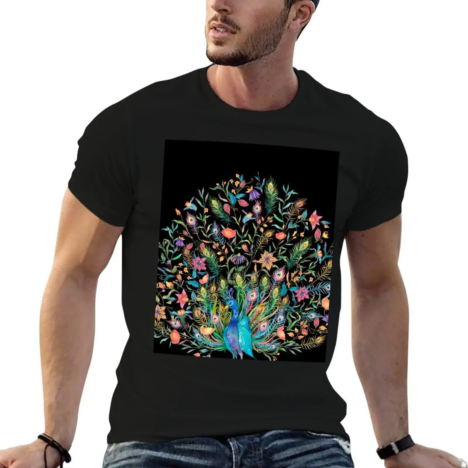 watercolor Peacock surrounded by flowers feathers T-Shirt custom shirt tops men t shirts high quality