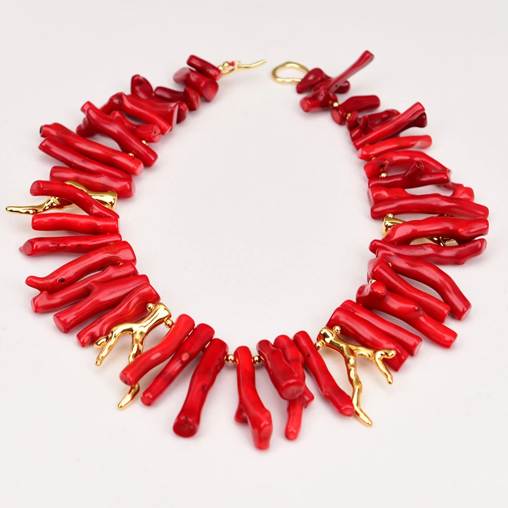 G-G AA+ Big Natural Red Coral Top Drilled Branch Golden Resin Branch Necklace Pendant Lady Jewelry Gifts