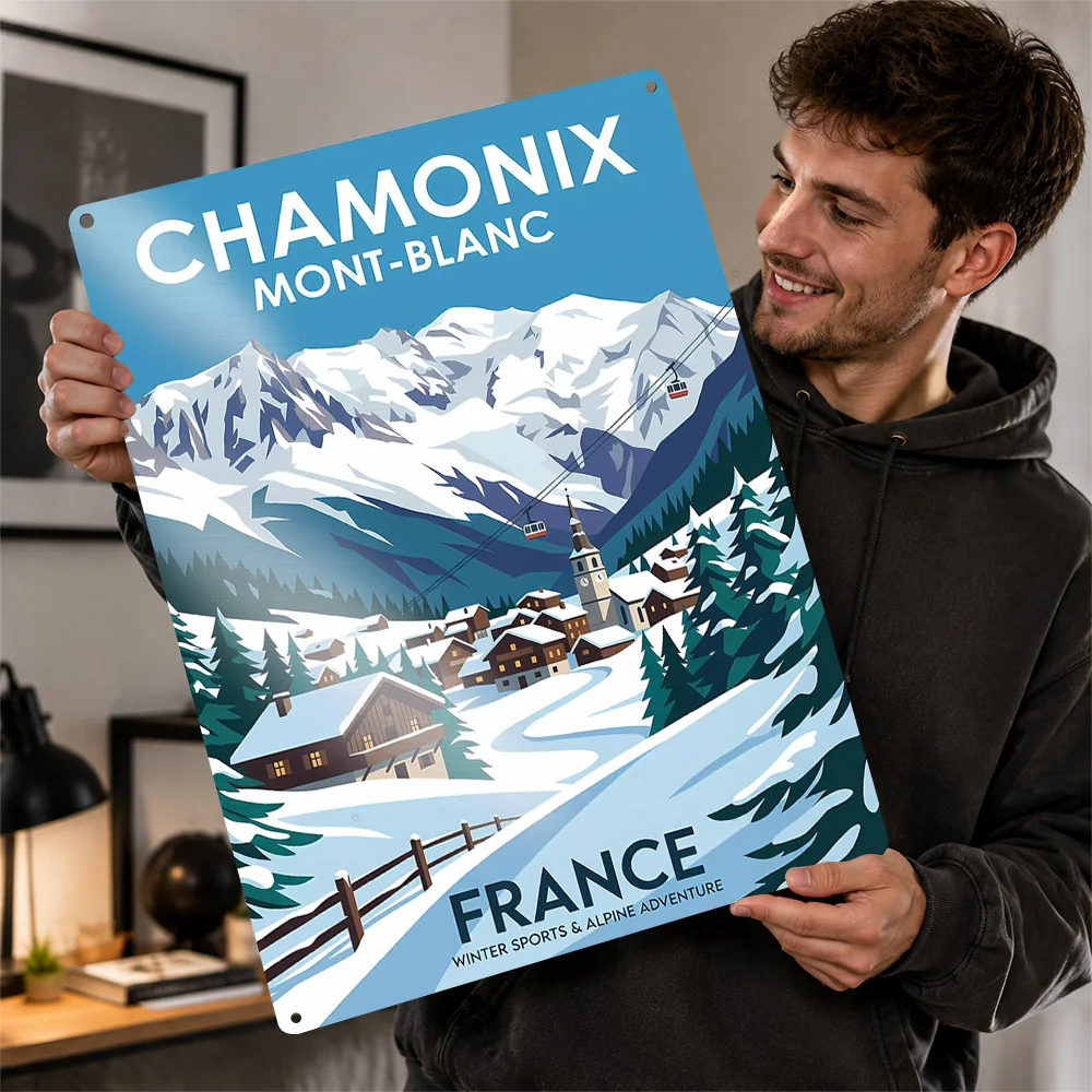 Chamonix Mont-Blanc Travel Aluminum Poster Customized Metal Tin Sign Vintage Coastal Vista Style Wall Art Enhances Home Office