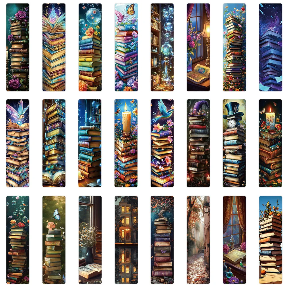 24Pcs/Set Magic Book Lover Bookmarks, Fantasy Stacked Books Bookmark Crystal Ball Fairy Tale Book Page Marker, Gifts for Readers