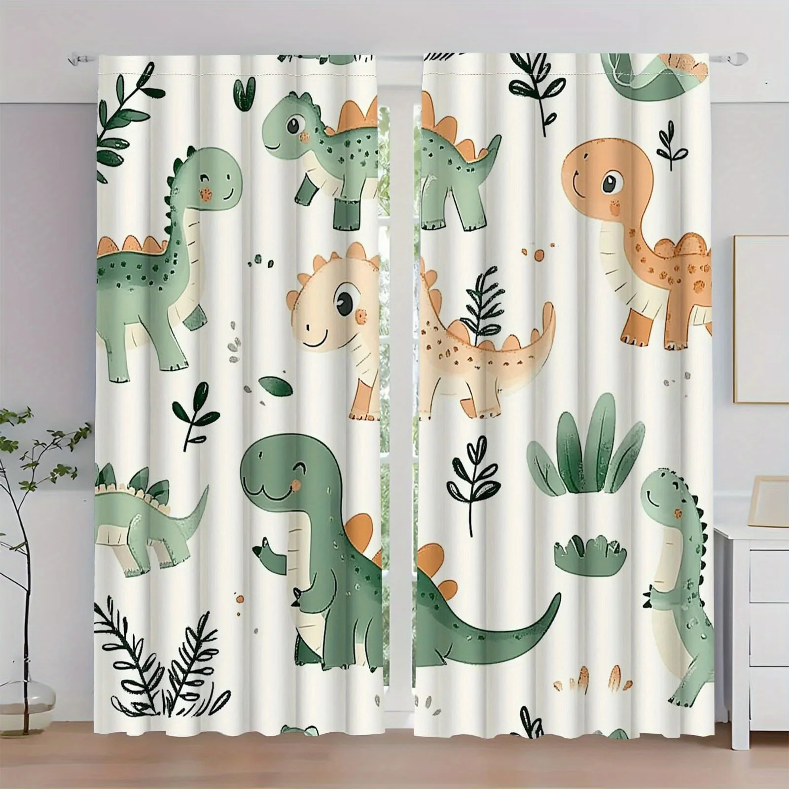 Adorable Dinosaur Curtains 2pcs Jungle Print Curtains for Kids Nursery Room Window Decor Drapes Tropical Style