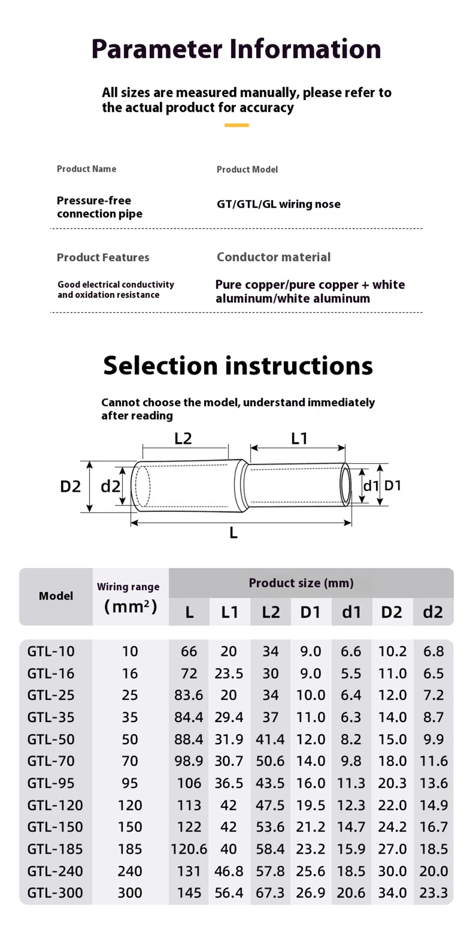 Kupfer-AL-Kabelverbinder: Rohrförmige Schraubverbinder GT/GTL/GL, Schnellkabelverbinder, Kupferdraht-Endklemmen – Detail 6