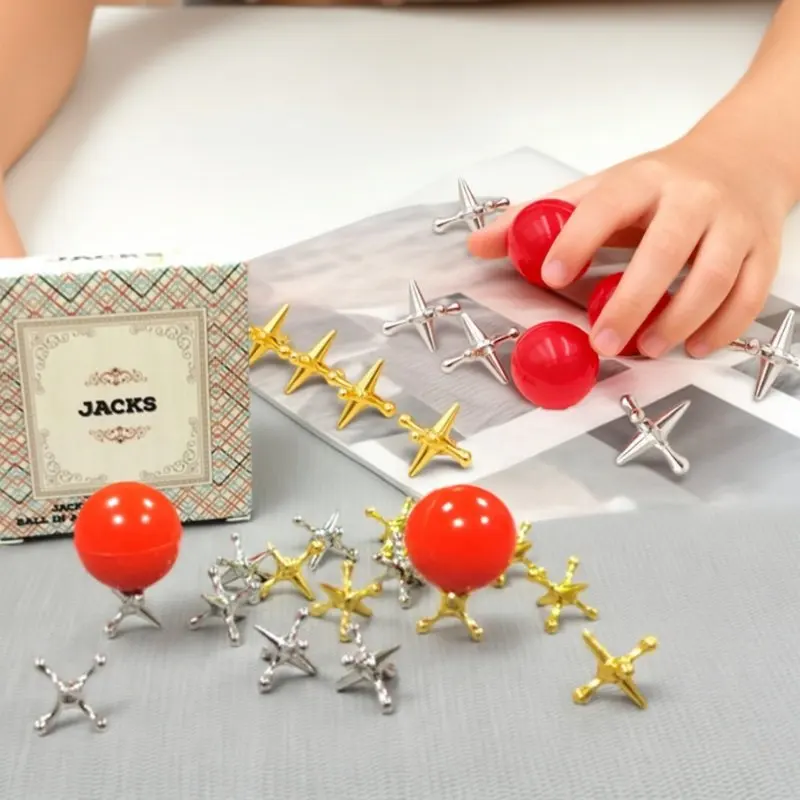 Classic Mini Metal Jacks Game with Balls Retro Vintage Tabletop Toy Portable Stress Relief Fidget Toy for Adults Party Favor
