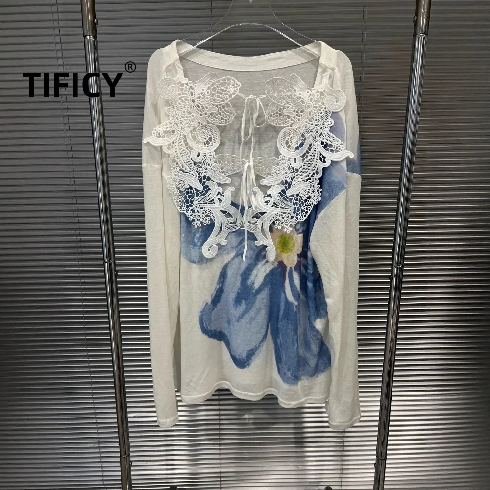 

High Street Tees Tshirt Tops Women's Early Autumn New Blue Flower Printed Sunscreen Shirt Cover Streetwear T-shirt Tops