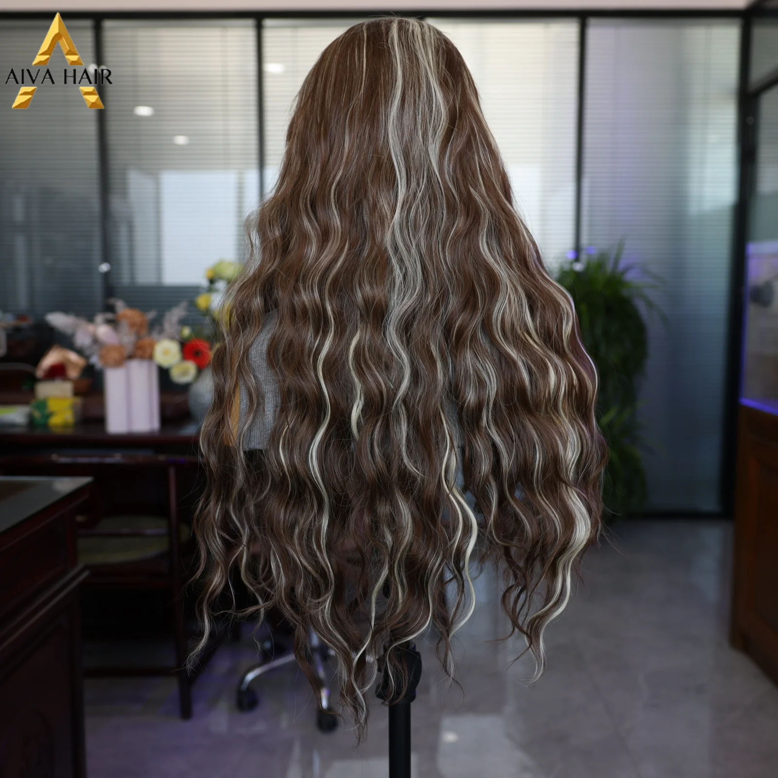 Aiva Long Wave Brown Mixed White Synthetic Wig Fit Women's Cosplay Wig No Glue Long Wave Hair Front Lace Wig Natural Hair Line