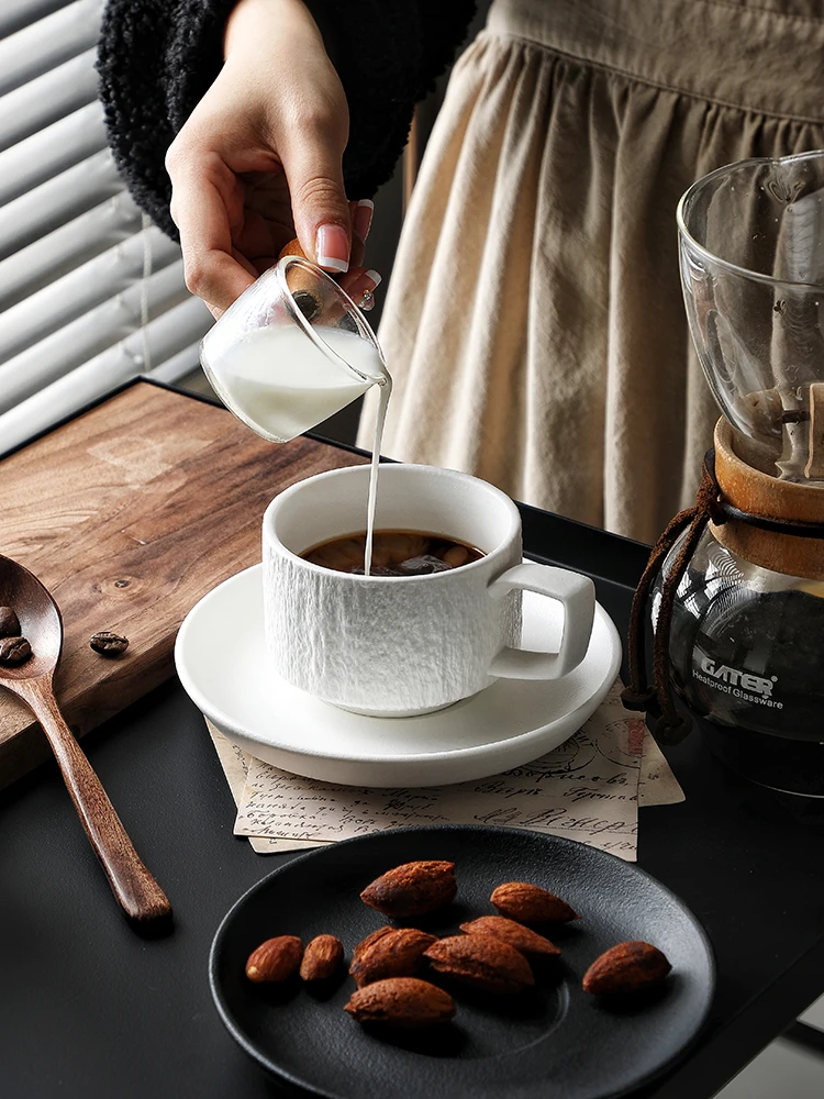 Black White Simple Ceramic Coffee Cup and Plate Set Light Luxury Exqusite Afternoon Tea French Rock Texture Hone Milk Cups