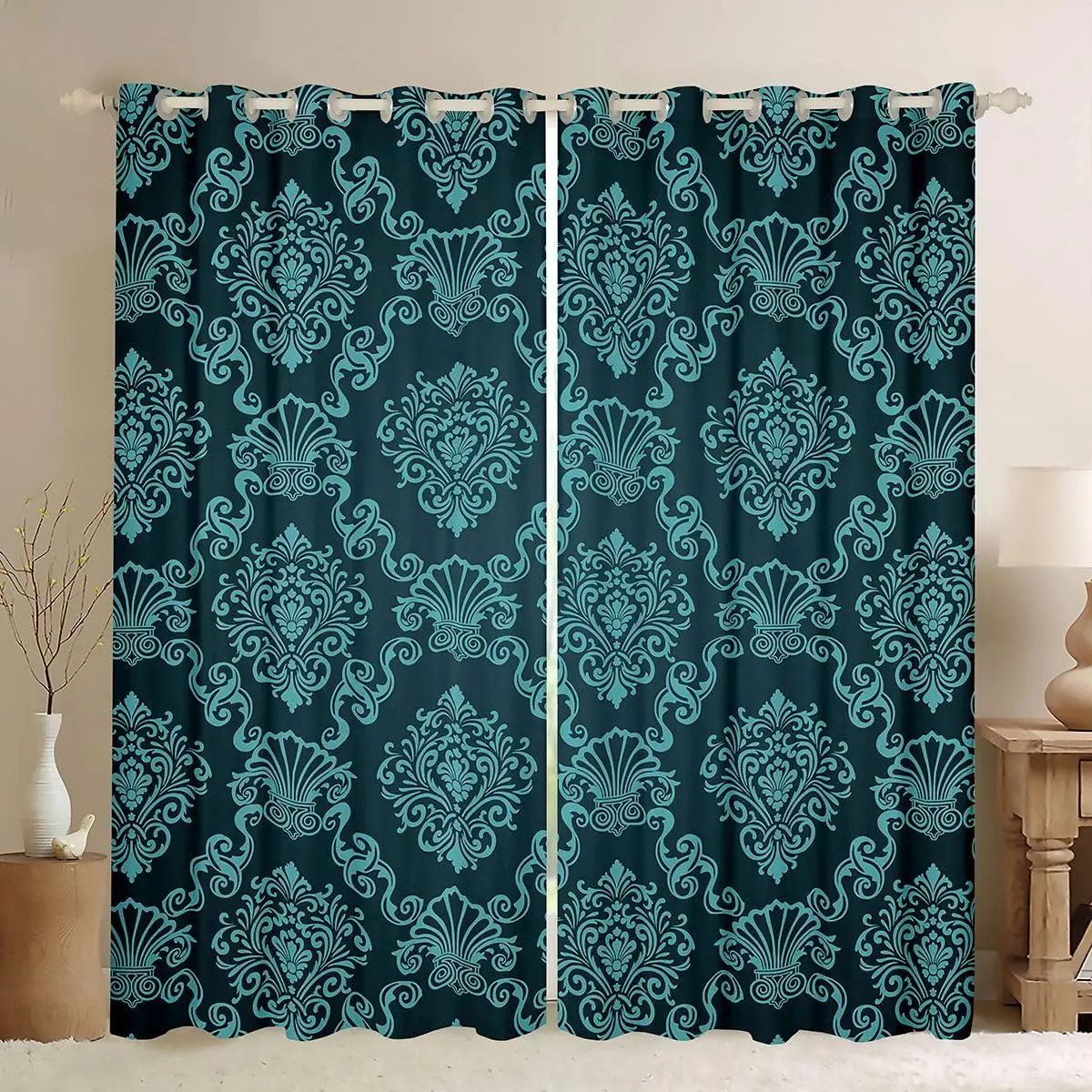 Luxury Polyester Curtains Pair Dark Blue Teal Damask Pattern Baroque Swirl Window Drapery Home Decor Living Room Bedroom Panels