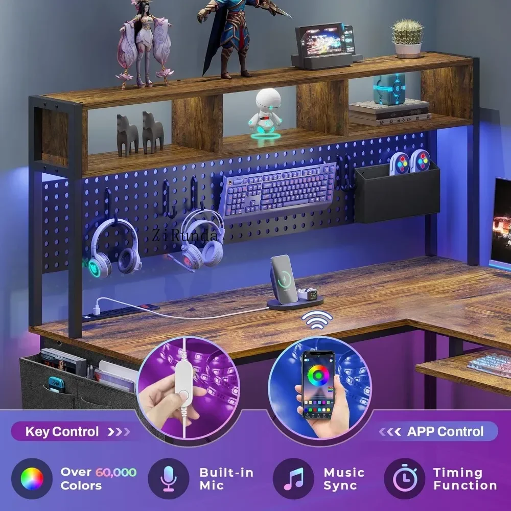 *L Shaped Computer Desk, With Power Outlet And Pegboard, With Led Lights, Keyboard Tray, Storage Shelves, Computer Desk