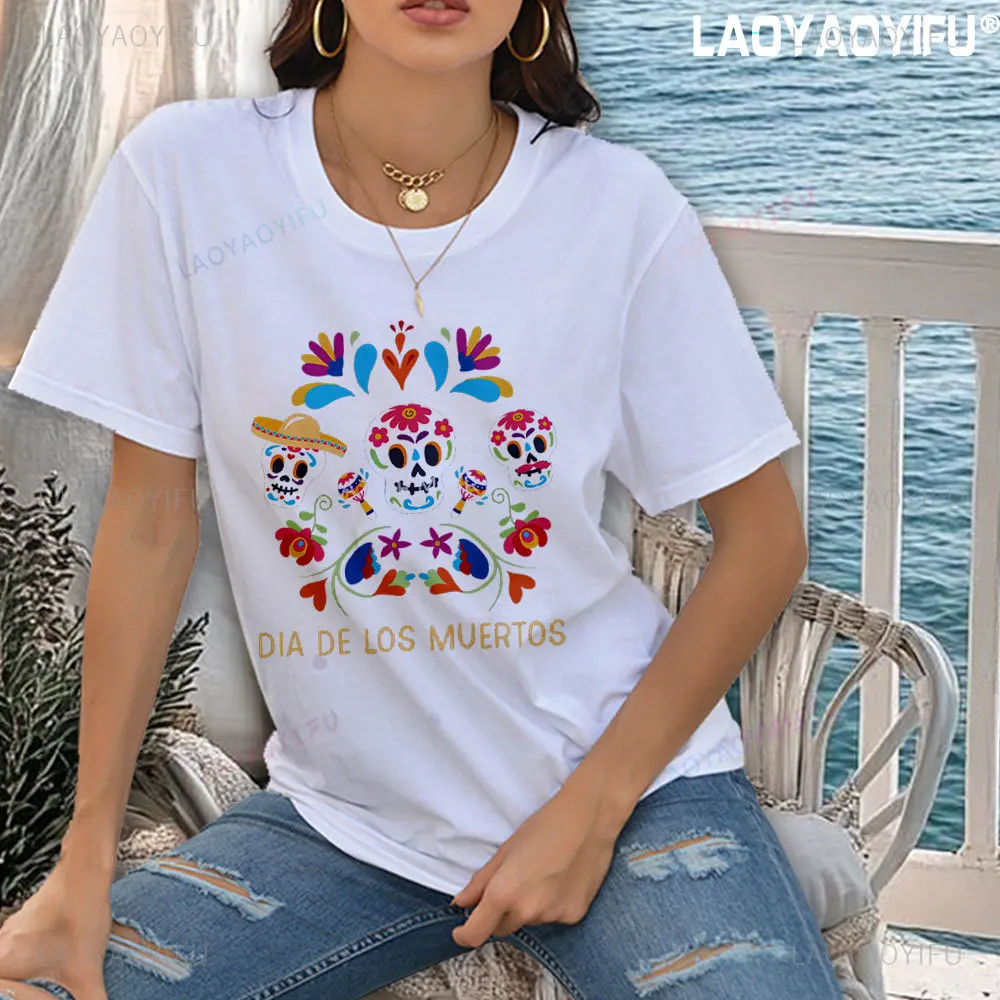 Mexican Day of The Dead Women T Shirt Printrd Rose Catrina Goddess O-Neck Short Sleeve Cotton Streetwear Y2k Clothing for Girls