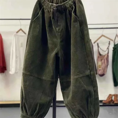 Imagen 1 del producto Pantalones de pana de talla grande 4XL para mujer, pantalones informales de terciopelo de cintura alta para mujer, pantalones bombachos holgados de invierno 2024