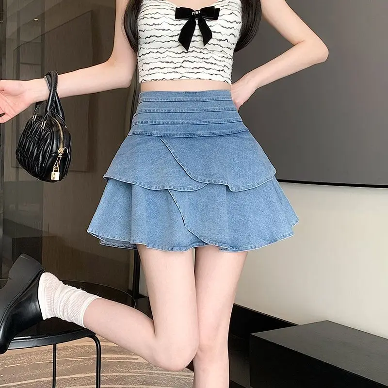 Denim Short Skirt Ruffled High Waist Slim Cake Skirt Women Summer 2024 New Korean Style Versatile Short Skirt Skirt