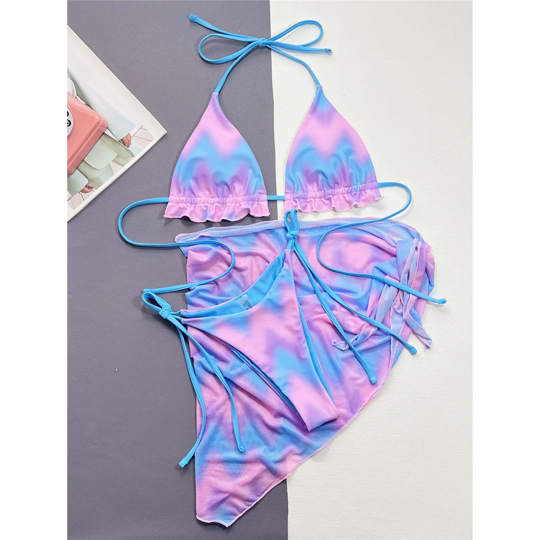Mit Sarong Halter Tie Dye Bikini Damen Bademode, dreiteiliges Bikini-Set, gepolsterter Badeanzug, Badebekleidung, Schwimmanzug V4571 – Detail 17