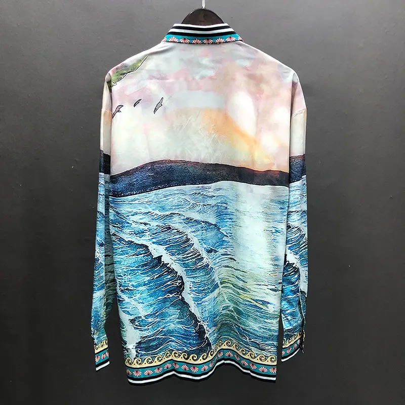 Fashion Masculina Chinese Shirt Fall Art Landscape Print Shirt Long Sleeve Casual Men Shirt Streetwear Camisa  Moda Hombre