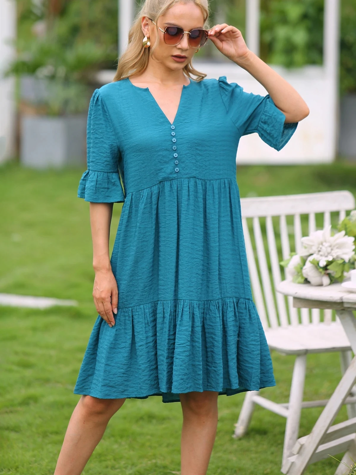 II 2023 Spring Summer Women Short Sleeve Tunic Ruffle Dress Solid Color Casual Split V Neck Dresses Loose Swing Mini Dress