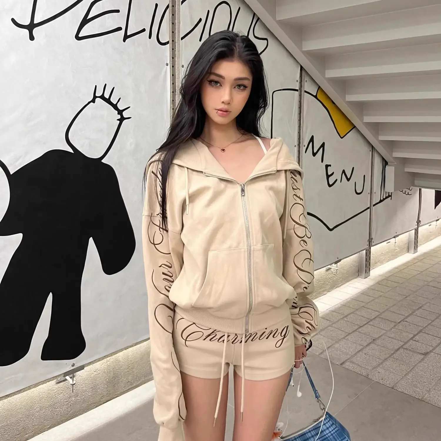 Hooded Letter Embroidered Sportswear American Retro  Women's Spring and Autumn Shorts Long Sleeve Cardigan Set Triens