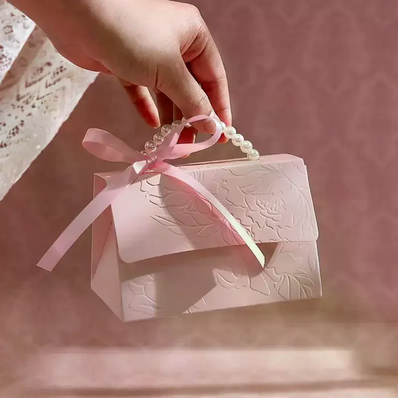 10PCS Pink Pearl Portable Gift Box Wedding Portable Ribbon Souvenir Wedding Candy Paper Box DIY Party Packaging Supplies
