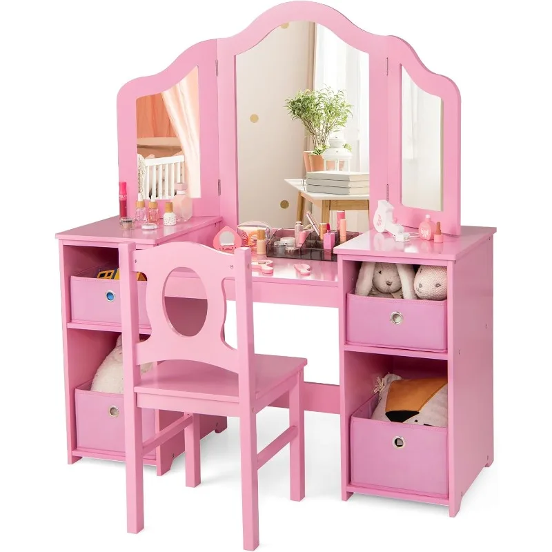 Kids Vanity, 2 in 1 Princess Makeup Desk and Chair Set with Drawers Tri-Folding Detachable Mirror Large Storage Shelves