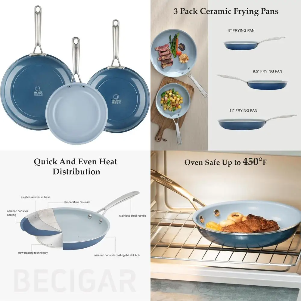 

Blue Ceramic Non-Stick Frying Pan Set with Stainless Steel Handle - Ideal Cookware for Steaks and Easy Cooking