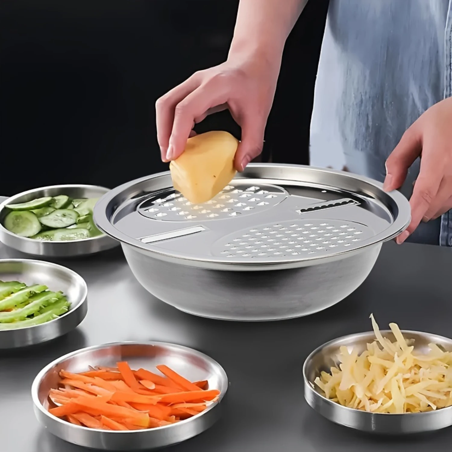 

Colander And Basin Set, Stainless Steel Vegetable Slicer, Fruit Slicer, Vegetable Grater, Potato Peeler, Carrot Grater, Metal St