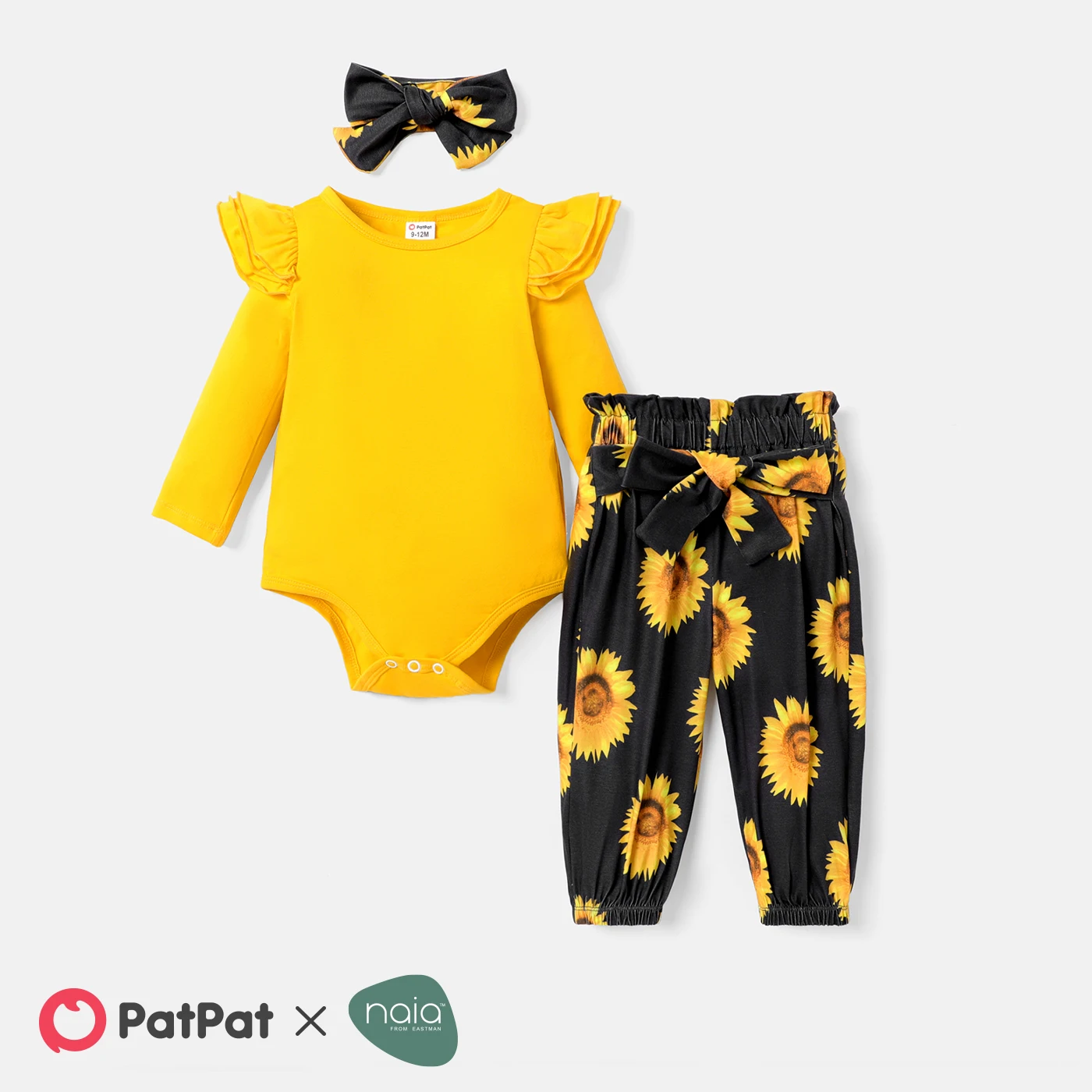 PatPat 3pcs Baby Girl Solid Ruffle Trim Long-sleeve Romper and Sunflower Print Belted Naia™ Pants & Headband Set