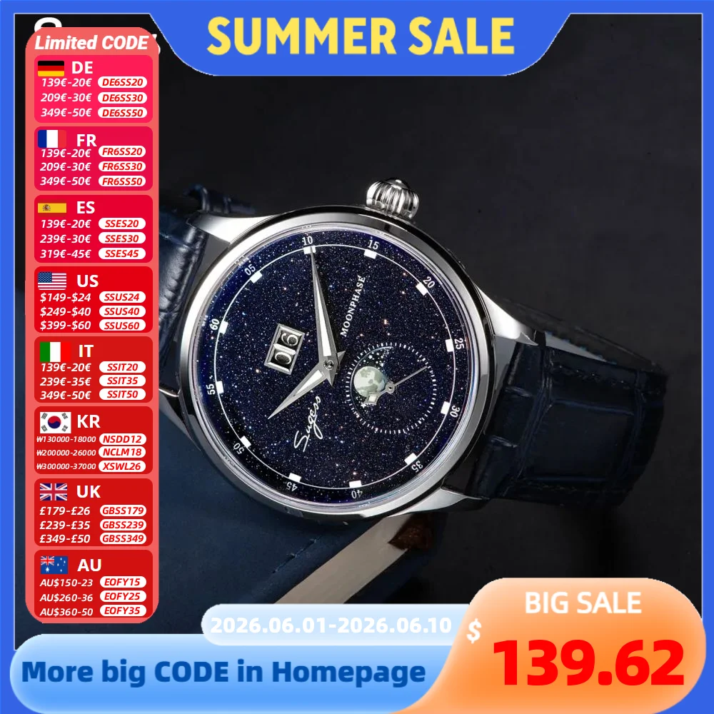 Sugess Moonphase-Reloj de pulsera para hombre, cronógrafo mecánico automático de 40mm, movimiento de acero inoxidable ST2528, esferas de piedra