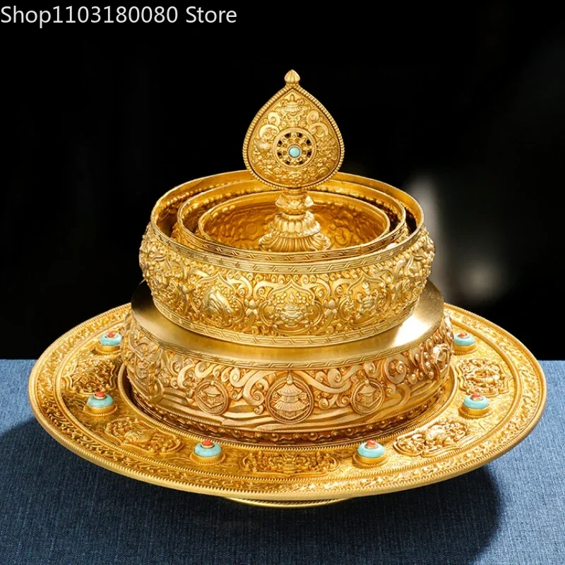 Brass Engraved 37-Heap Mandala Offering Set Tibetan Buddhist Mandala Offering Plate, Traditional Ritual Altar Decor,33m,24cm