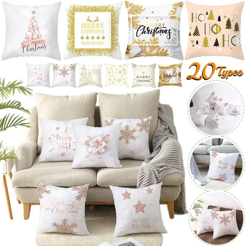 

Snowflake Christmas Tree Gold Floral Pillowcase Peach Skin Cushion Cover Sofa Car House Decoration Decoración Navideña