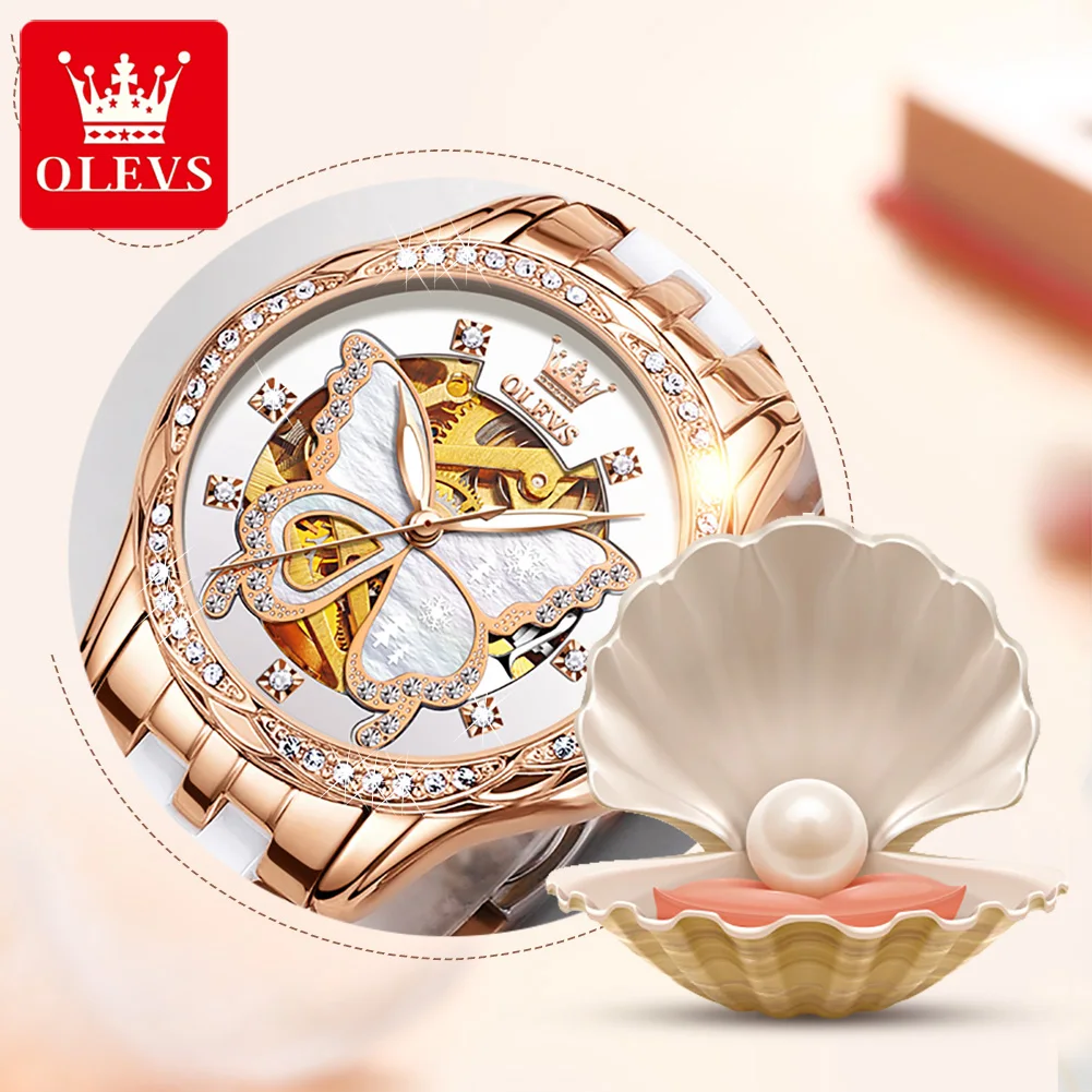 OLEVS Top Brand Mechanical Women Watch Fashion Switzerland Luxury Brand Ladies Wrist Watch Automatic Leather Strap Gift