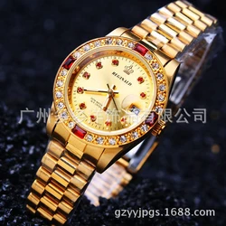 Fashion Brand Ladies Dress Watch Gold Full Steel Calender Wristwatches Famale Quartz Watches Woman Gold Female Quartz Watches